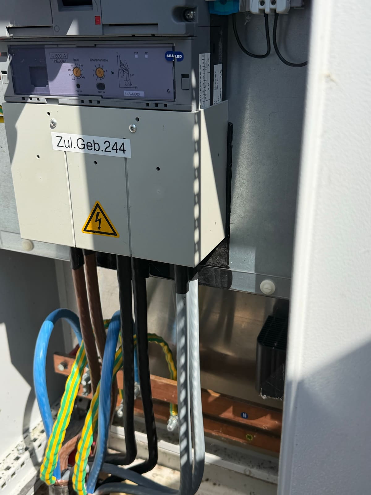 800 A circuit breaker with adjustable trip unit, labelled as supply line for building 244